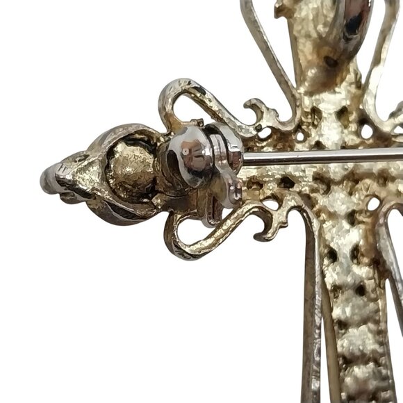 Vintage Aurora Borealis Rhinestone Cross Brooch Pin Ornate Gold Tone Pendant - Picture 3 of 6